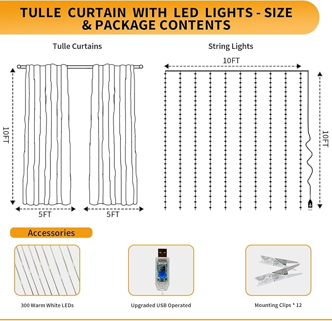 Lavender Tulle Backdrop Curtain with Lights String - 10x10ft Sheer Backdrop with 300 LEDs for Wedding, Baby Shower, Bridal Shower, Birthday Party Photo Shoot Background and Home Decorations