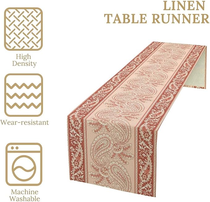 Pink Paisley Table Runner, Abstract Vintage Boho Paisley Flowers Leaves Print Table Runner for Home Kitchen Dining Room Wedding Party Decor, 13x90inch
