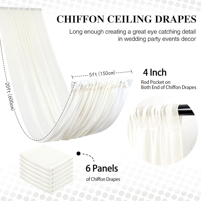 DUOBAO Ivory Ceiling Drapes Sheer Backdrop Curtains 6 Panels 5ftx20ft Reception Halls Drapeing Banquet Room Curtain with Rod Pocket for Wedding Birthday Stage Decoration