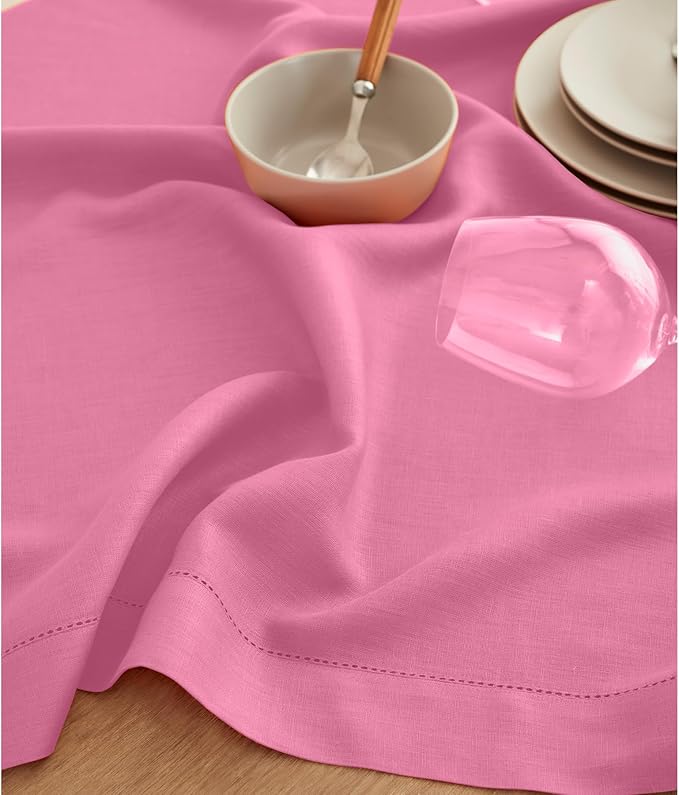 Solino Home Linen Flamingo Pink Table Runner 132 Inches Long - 100% Pure Linen Extra Long Table Runner 14 x 132 Inch for Halloween - Classic Hemstitch