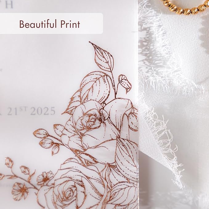 50 Pack Pre-Folded Vellum Jackets For 5x7 Invitations,AZAZA Gorgeous Translucent Invitation Sleeves,115GSM Vellum Jackets 5x7, Wedding Invitation Accessories, For Weddings Birthdays,Rose Golden Roses