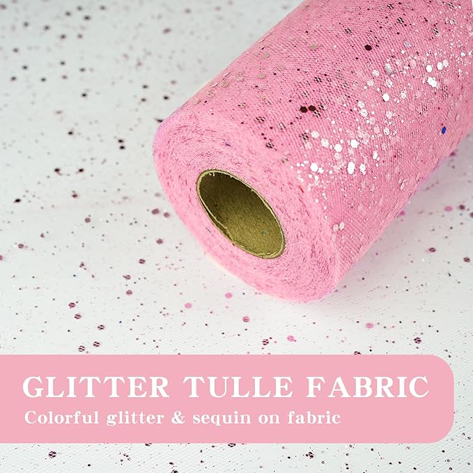 Glitter Tulle Rolls, 6” by 50 Yards (150FT) Sparkling Tulle Spool Ribbon Sequin Tulle Netting Fabric for Tutu Skirt Wedding Birthday Baby Shower (Pink)