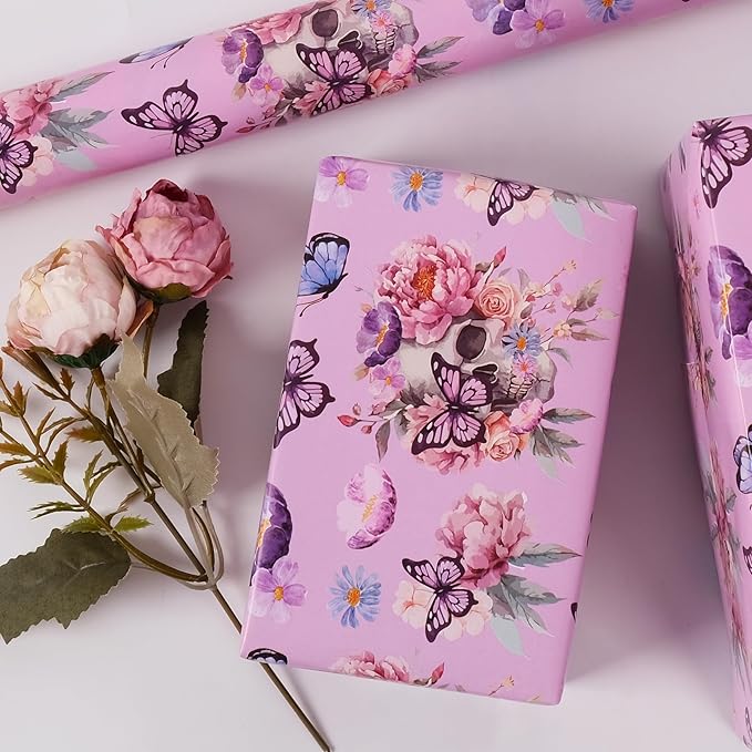 Aimyoo Gothic Wrapping Paper Roll, 17 Inch X 33 Feet Skull Floral Butterfly Design Gift Wrap Paper for Mother's Day, Birthday Bridal Shower