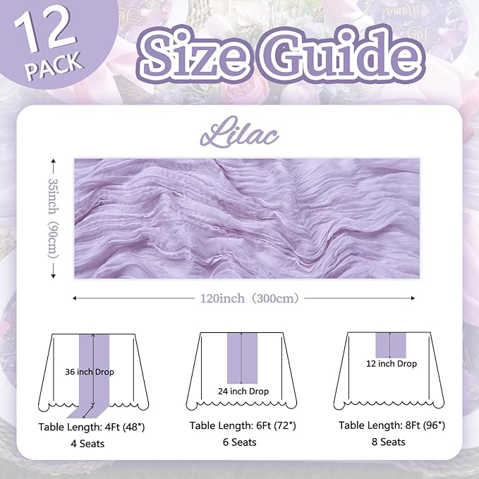 12 Pack Lilac Purple Cheesecloth Table Runner 10ft Boho Gauze Fabric Cheese Cloth Table Runner 35 x 120 Inch Rustic Sheer for Romantic Wedding Decor Baby Shower Party Table Centerpiece Decoration