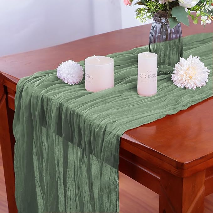 16PCS Sage Green Cheesecloth Boho Gauze Table Runner - 35x120Inch, Long, Rustic, Sheer for Wedding Party, Bridal Shower, Baby Table Decor