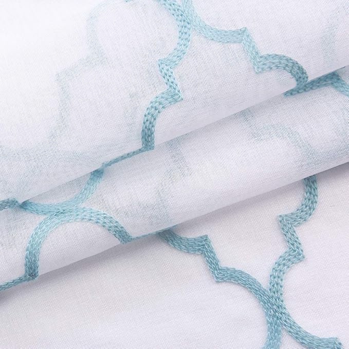 Sheer Curtains Blue 45 Inches Embroidered Moroccan Design, Rod Pocket Voile Drapes for Living room, Bedroom, Window Treatments Semi Curtain Panels for Yard, Patio, Villa, Parlor, Set of 2, 52"x 45".