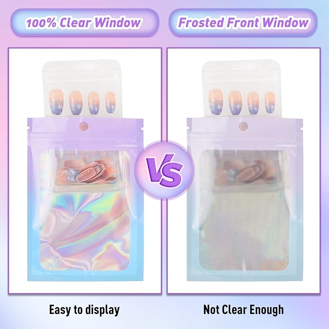 Funfery 100 Pack Holographic Mylar Bags,Clear Window Smell Proof Bag Foil Seal Pouch Resealable Bags with Zipper,Packaging Bag for Food Storage,Lash,Jewelry,Business Supplies(3×4.7in, Purple Blue)