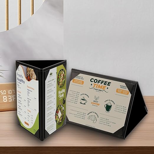 Menu Covers - Set of 10 Double-Sided Table Tent Cards for Restaurant, Dinner Party, and Bar Menus - Includes Bill Holder and Reserved Seating Signs - Easy to Clean and Foldable (20, 5"x7"Trifold)