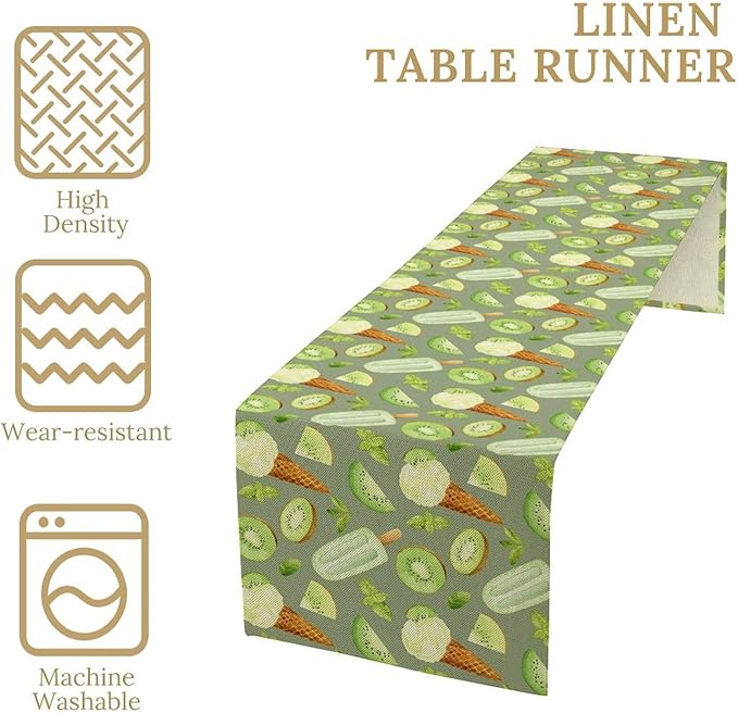 Summer Ice Cream Popsicles Table Runner, Watercolor Green Kiwi Seasonal Fruit Sweet Dessert Dinner Runner for Party Holiday Home Kitchen Dining Table Decor 13"x70"