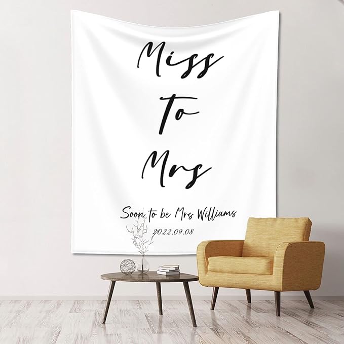 Miss to Mrs Backdrop, Custom Tapestry with Names and Date, Personalized Calligraphy Banner for Bridal Brunch, Shower, Engagement, Bachelorette Party - Reception Backdrop Future