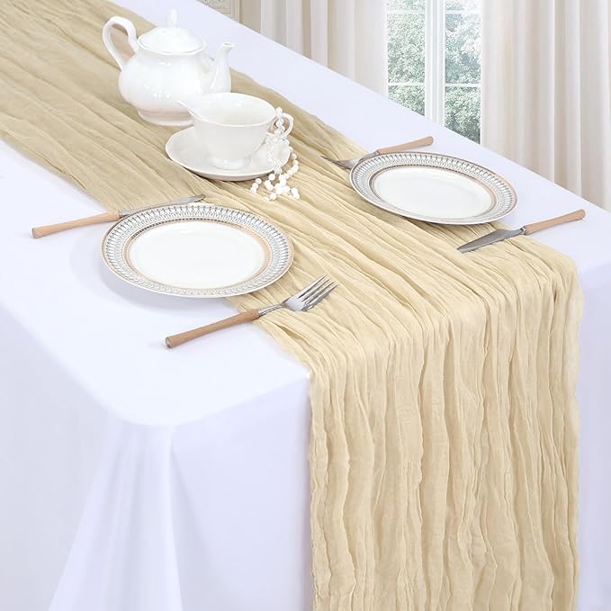 6 Pack Beige Cheesecloth Fall Table Runner 10ft Boho Gauze Fabric Cheese Cloth Table Runner 35 x 120 Inch Rustic Sheer Runner for Thanksgiving Wedding Decor Baby Shower Party Centerpiece Decoration
