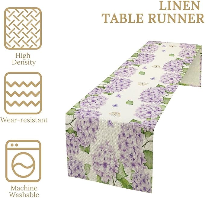 Watercolor Hydrangea Flower Table Runner, Spring Summer Seasonal Plants Butterfly Pink Lavender Dinner Runner for Home Kitchen Dining Table Party Holiday Decoration 13"x70"