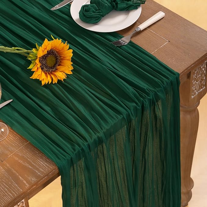 Emerald Green Cheesecloth Table Runner 10 Pack Fall Table Runners Boho Gauze 120 Inches Green Cheese Cloth Fall Table Decorations for Thanksgiving Wedding Bridal Baby Shower Tea Party