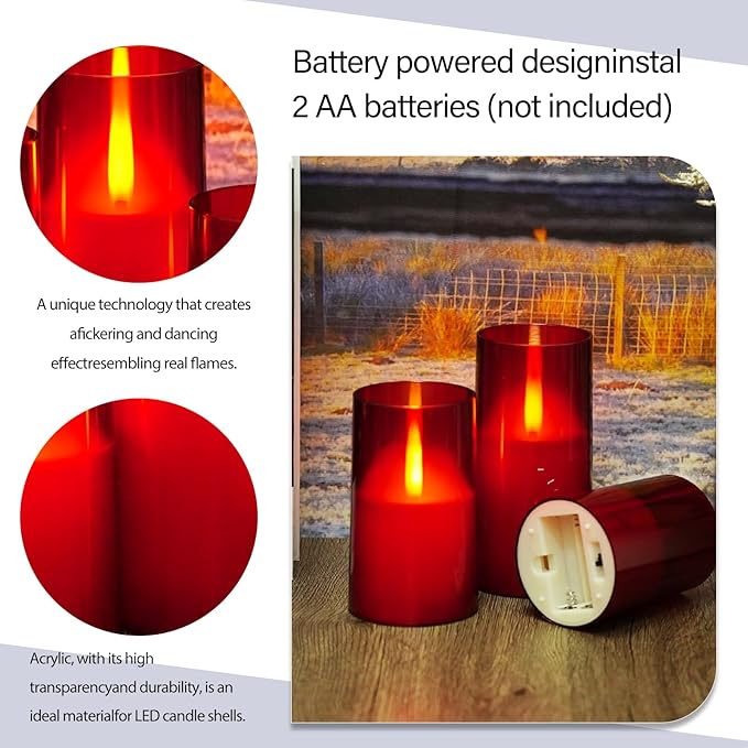 Flameless LED Candles, Upgraded Realistic Flickering Flame Pillar Battery Operated Candles with Remote Timer, Acrylic Electric Set of 3 for Home Decoration and Holiday Celebrations（Red）
