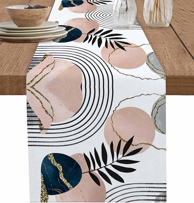 Modern Boho Cotton Linen Table Runner for Dining Kitchen, Wedding Outdoor Party Tablerunners Decoration, Abstract Bohemian Tropical Palm Leaf Dresser Scarf Coffee Tablecloth Runners 13x108 Inches