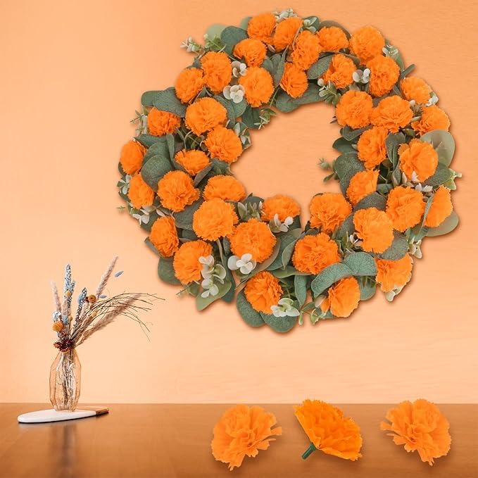 30 Pcs Artificial Marigold Flowers,3.54" Silk Marigold Flower Heads with Stems,Orange Flowers Artificial for Diwali Decor,Indian Wedding,Home,DIY Wreath Garland,Day of The Dead Decorations