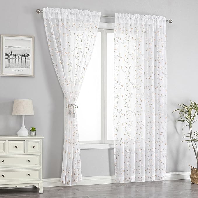 VISIONTEX White Sheer Voile Curtains, Decorative Orange Leaves Embroidery Faux Linen Rod Pocket Window Drapes for Home Kitchen, Living Room and Bedroom 54 x 95 Inch, Set of 2 Curtain Panels