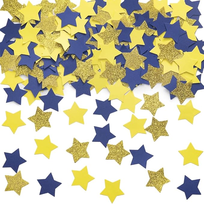 Gold Blue and Yellow Star Confetti Table Decoration for Graduation Birthday Retirement Eid Ramadan Festival Theme Party,1.2 inch in Diameter,200 Counts