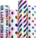 Ribbli Birthday Wrapping Paper 30 Inch Iridescent Gift Wrapping Paper 4 Rolls Happy Birthday Polka Dots Stripes Stars Printed Assortment -120 inch(10feet) Per Roll
