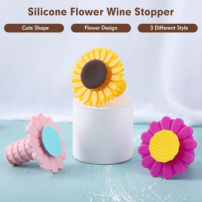 3 Pcs Wine Bottle Stopper, Silicone Sunflower Cute Wine Bottle Stopper, Reusable Wine Saver to Keep Wine Fresh(Yellow, Pink, Purple)