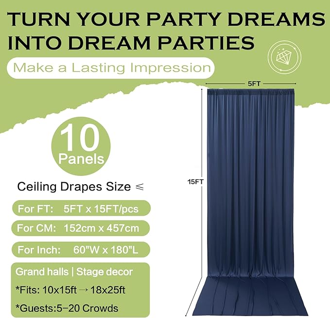 PartyVillage 50ft×15ft Navy Blue Backdrop Curtain for Wedding Parties, 10 Panels Wrinkle Free 15 FT Long Polyester Photo Backdrop Drapes Back Drop Cloth for Birthday Photography Background