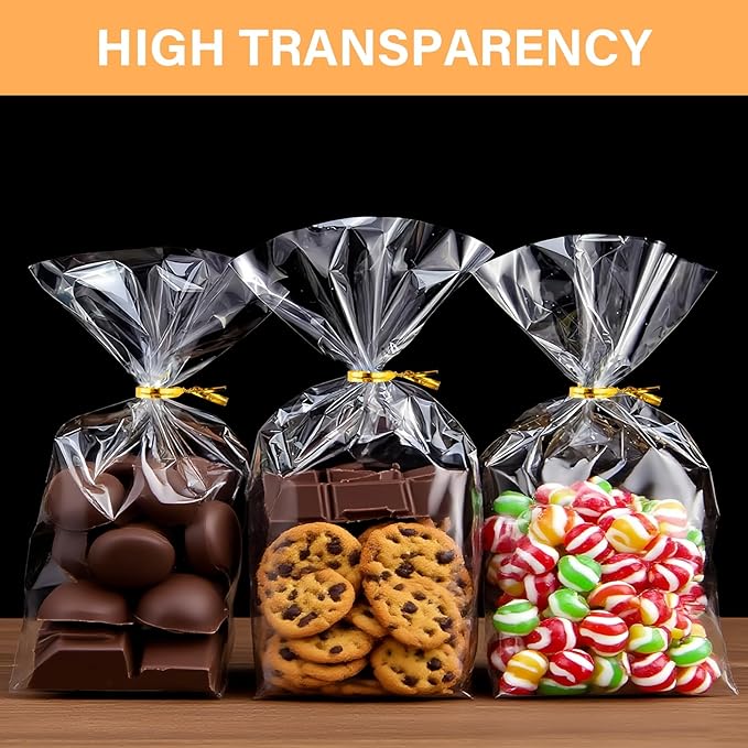 ZHEWTOEN 100 Pcs 6x9 Inch Clear Cellophane Bags with Color Twist Ties, Plastic Goodie Cello Treat Bags for Candy, Cookies, Popcorn, Small Gift Wrapping, Party Favors, Bakery Packaging