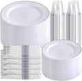 SUT 350 Pcs Silver Plastic Dinnerware Set for 50 Guests, Include: 50 Dinner Plates, 50 Dessert Plates, 50 Pre Rolled Napkins with Silver Silverware, 50 Cups, disposable plates for wedding, party