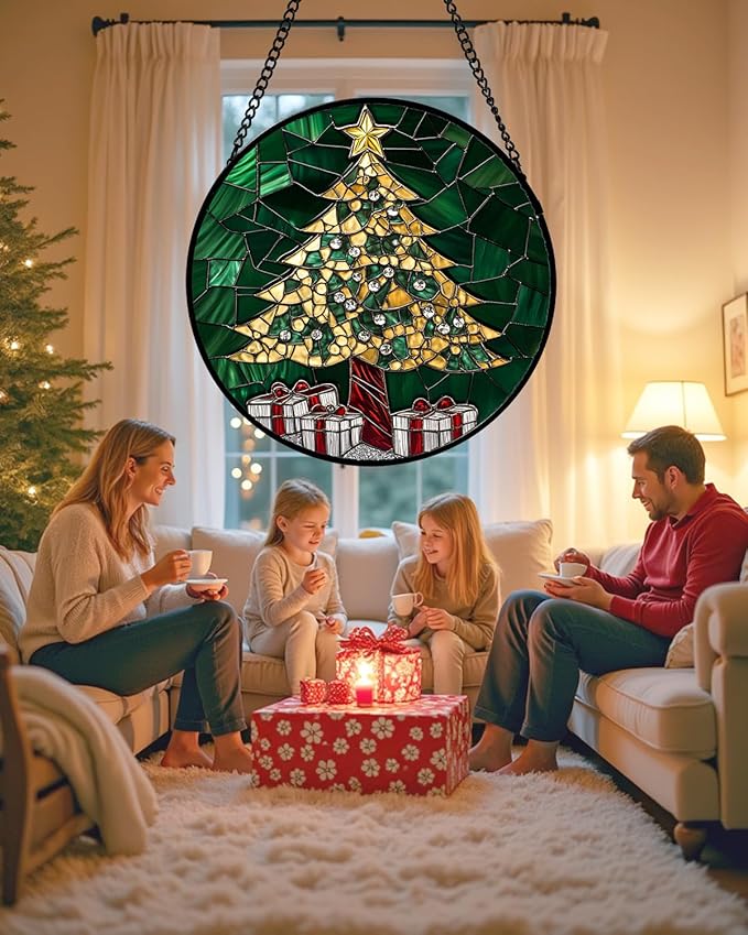 Stained Glass Window Hanging - Gold Green Christmas Tree Suncatcher for Doors Home Christmas Decoration Winter Sun Catcher Thanksgiving New Year Birthday Gifts for Women Men Mom Nana 11.8 in