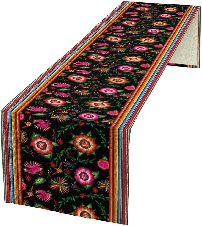 Mexican Table Runner,Colorful Flowers Cinco De Mayo Decor Table Runner for Kitchen Dining Table Home Party Decoration 13x72 Inch