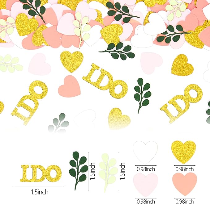 200PC Sage Green and Pink Gold Wedding Confetti for Tables Bridal Shower Decorations Hearts I Do Table Scatter for Wedding Engagement Bachelorette Party Decor