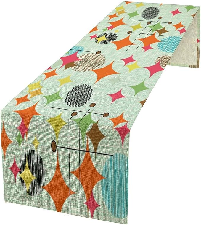 Mid Century Table Runner,Abstract Retro Modern Geometric Colorful Stripe Pattern Print Tablecloth Burlap for Hotel Indoors Outdoor Dining Room Kitchen Holiday Party, 13x80in