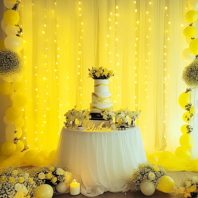 20×10ft Yellow Tulle Backdrop Curtain with Lights String for Parties, Sheer Photo Backdrop Curtains for Wedding Party Photography Background