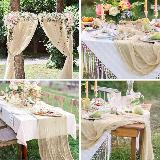 10 Pack Beige Cheesecloth Table Runner -21*120Inch Long Boho Wedding Table Decor, Rustic Gauze Fabric Runner for Bridal Showers, Baby Showers & Parties (Sheer, Lightweight, Wrinkled Design)