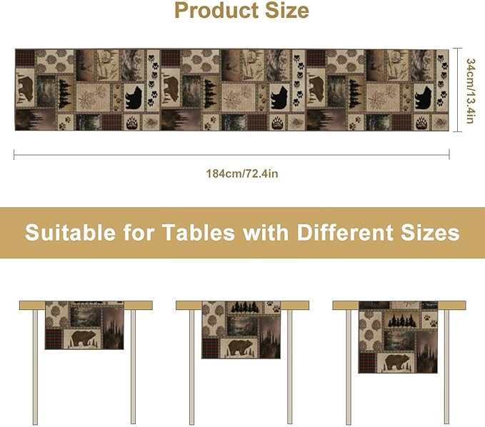 Retro Rusticd Cabin Table Runner Bear Country Farmhouse Vintage Lodge Table Runner for Party Dinner Festival Bedroom Living Room Kitchen 13x108 Inch