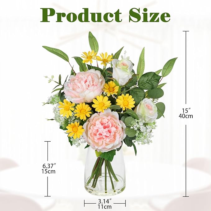 Briful Artificial Flowers in Vase, Mixed White Rose Pink Peony Yellow Daisy and Greenery Leaf Floral Arrangements, Fake Flowers in Glass Vase with Faux Water, Home Wedding Patio Centerpiece Decor