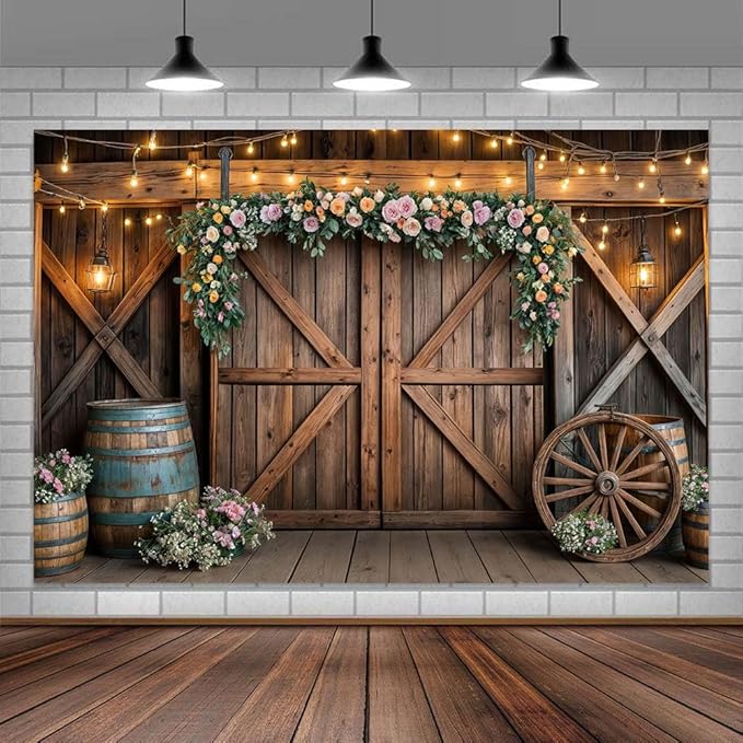 10x8ft Country Wedding Photography Backdrop Rustic Barn Door Photography Backdrop Farmhouse Pink Flower Cabin Wooden Birthday Baby Shower Wedding Bridal Party Banner Photo Booth Props Background