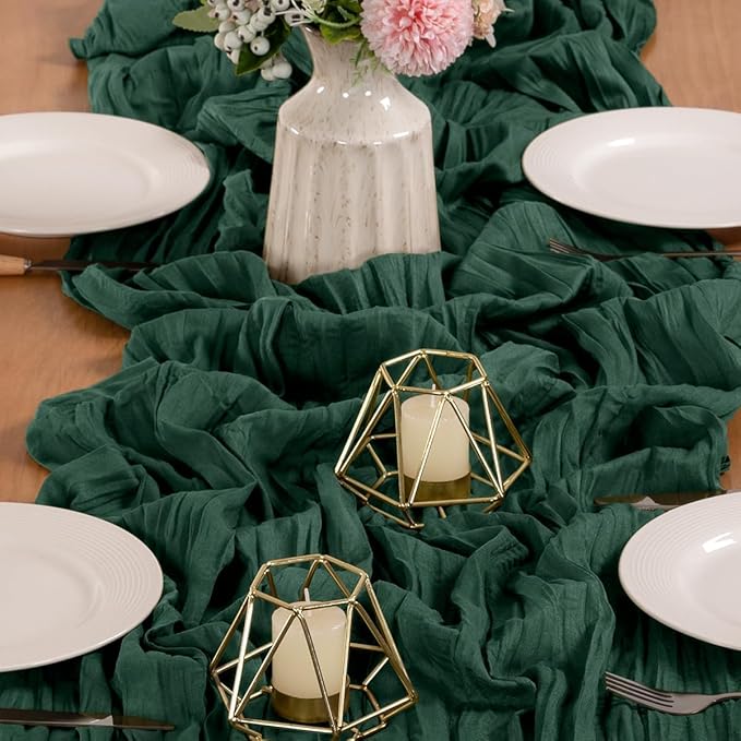 MLMW 10 Pack Christmas Table Runner Cheesecloth Emerald Green Table Runner Boho Cheese Cloth Gauze 160 inch Rustic Table Runner 13.3ft for Party Wedding Baby Bridal Shower Birthday
