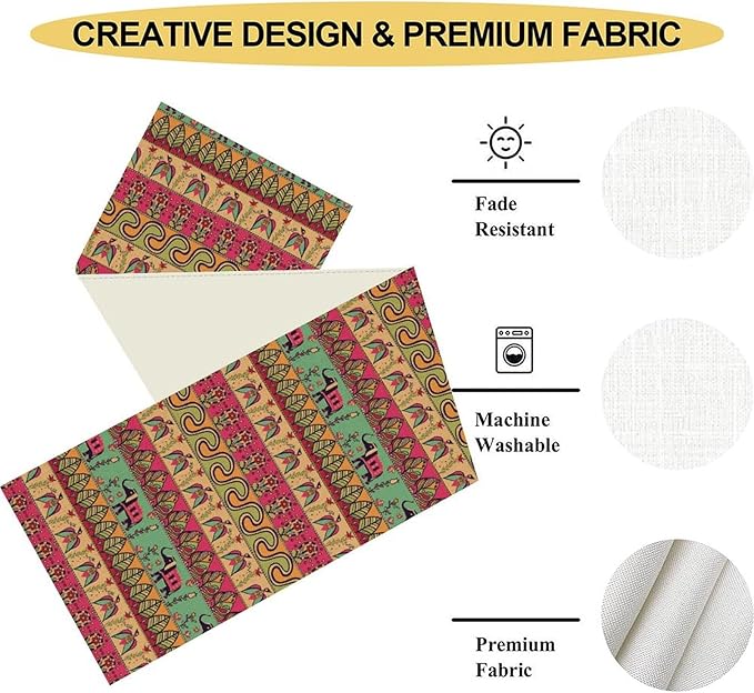 Boho Table Runner, Indian Bohemian Elephant Mandala Paisley Floral Hippie Art Print Table Center Decor for Home Kitchen Dining Patio Holiday Party Indoor Outdoor Table Decorations, 13"x108" Inch