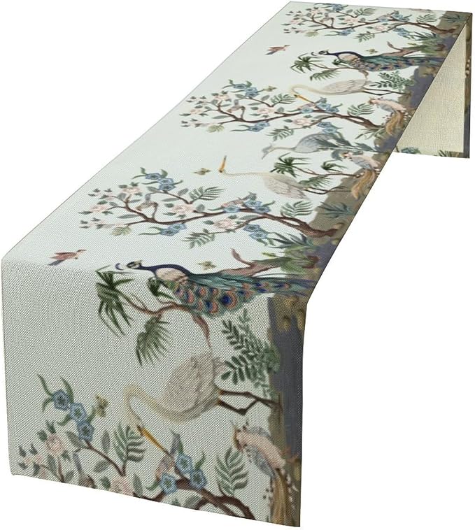 Peacock Table Runner,Retro Chinese Peonies Flowers Peacock Table Runner for Home Kitchen Dining Party Indoor Outdoor Decoration 13x108 Inch