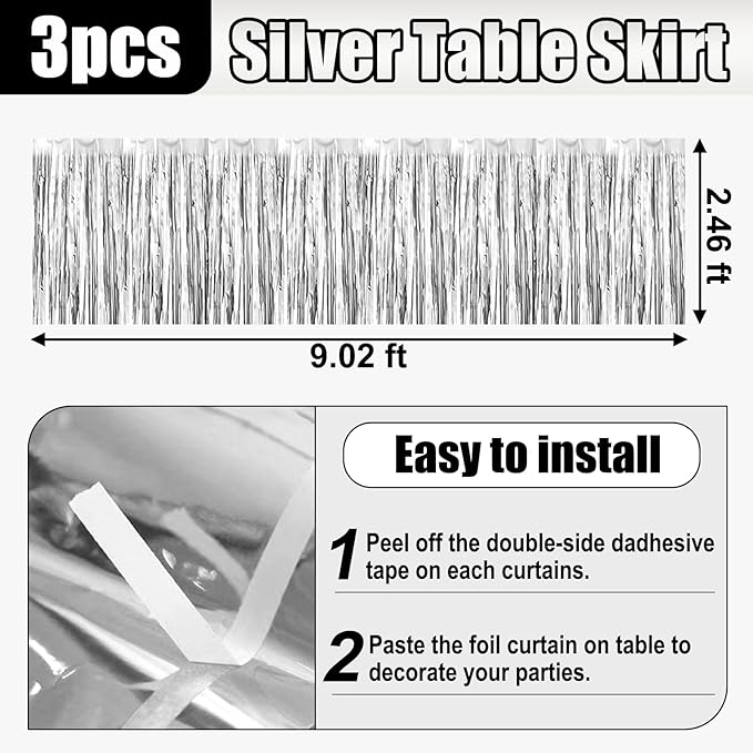 3 Pack 29x108 Inch Silver Foil Fringe Table Skirts Metallic Banner for Tinsel Streamer Garland Backdrop for Parade Floats Wedding Thanksgiving Birthday Christmas Halloween Party Decoration