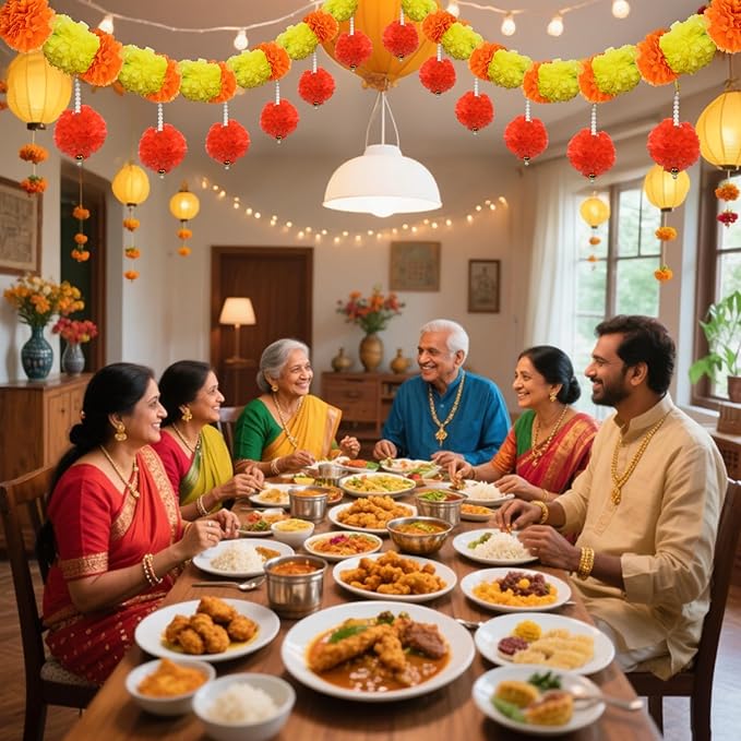 5 Pcs Diwali Artificial Marigold Garland with Pearls Decor, 4.5 Feet Artificial Marigold Flowers for Indian Pooja Diwali Home Mantle Decor Long Strands for All Year Decoration (Yellow＆Orange&Red)