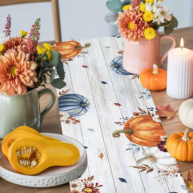 Thanksgiving Fall Cotton Linen Table Runner for Dining Kitchen, Pumpkins Eucalyptus Wedding Outdoor Party Tablerunners Decoration, Farmhouse Wooden Dresser Scarf Coffee Tablecloth Runners 13x90 Inches