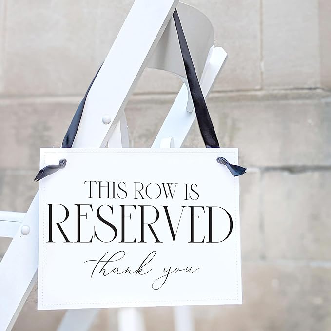 Ritzy Rose Set of 2 Reserved Row Sign for Wedding Ceremony Chairs or Events - Thick Paper Banner for Seating - White Linen Cardstock with Black Font and Black Satin Ribbon - 11x8.5 inches
