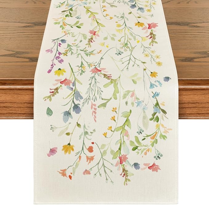 Artoid Mode Wildflowers Bloom Flowers Spring Table Runner, Seasonal Summer Floral Kitchen Dining Table Decoration for Home Party Decor 13x60 Inch