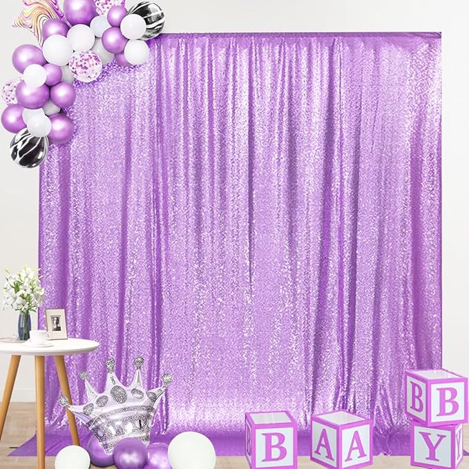 SquarePie Sequin Backdrop Curtain Not See Through Thick Glitter Background for Party 8FT x 8FT Lavender