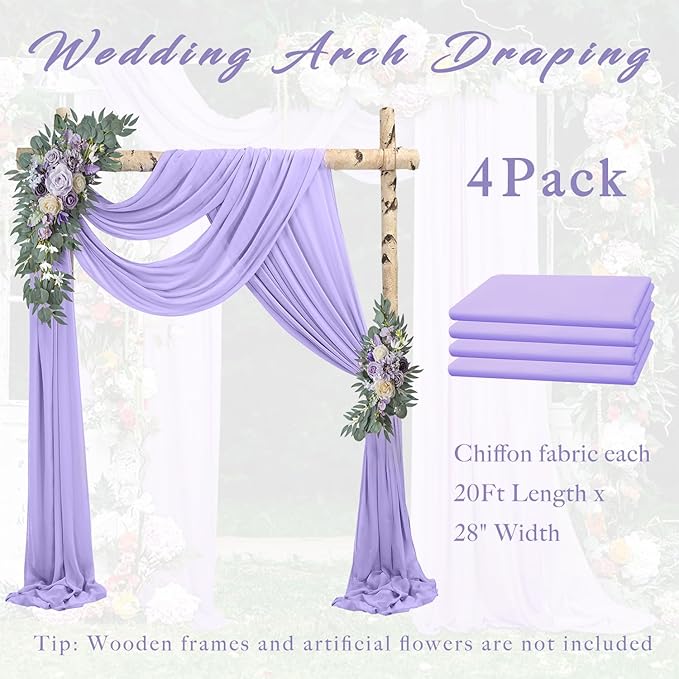 Wedding Arch Draping Fabric 4 Panels 20Ft Length x 28" Width Lilac Arch Drapes Chiffon Fabric Sheer Curtains Backdrop for Party Ceremony Wedding Ceiling Outdoor Indoor Stage Reception Decorations