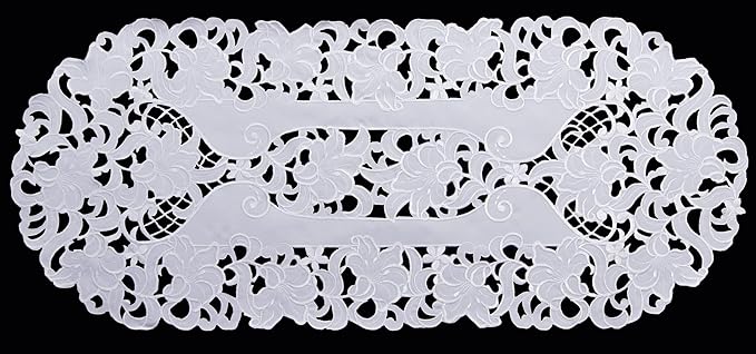 Creative Linens Embroidered Floral Table Runner 15x35 Oval Dresser Scarf White