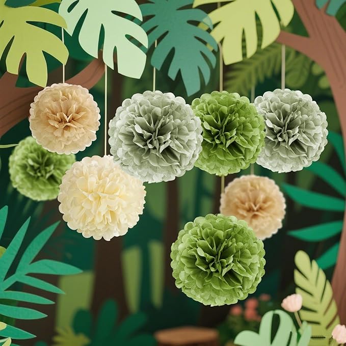 Sage Green Tissue Paper Pom Pom Flowers Decorations 15 PCS Olive Green Paper Flowers for Wall Hanging Backdrop Neutral Baby Shower Wedding Party Supplies Birthday Bridal Decor Table Centerpieces