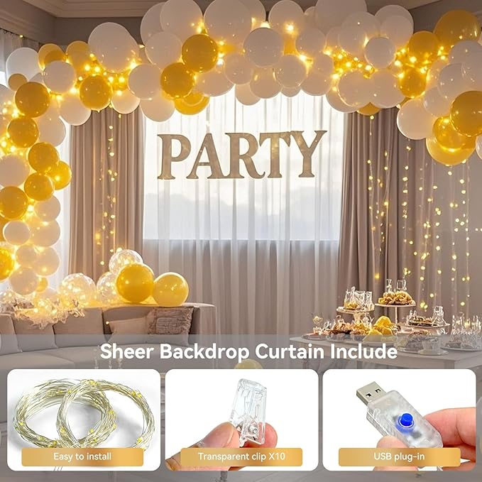 10×10ft Tulle Backdrop Curtains with Lights String - 300LED Fairy Lights Sheer Curtain Backdrop for Weddings Baby Shower and Birthday Party Decorations(4 Panels 5×10ft)