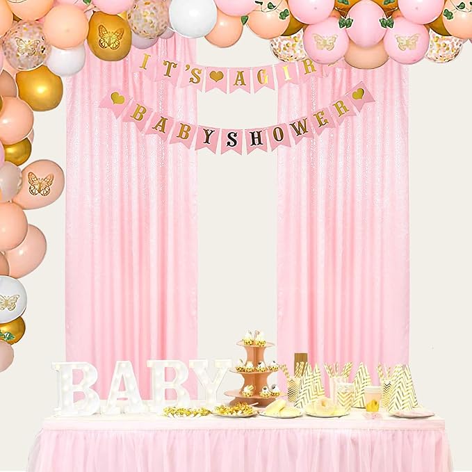 ShinyBeauty Baby Pink Curtains 2FTx8FT 4 Panels Sequin Backdrop Photo Backdrops Shimmer Wall Background Glitter Curtain for Baby Shower Sequins Backgrounds